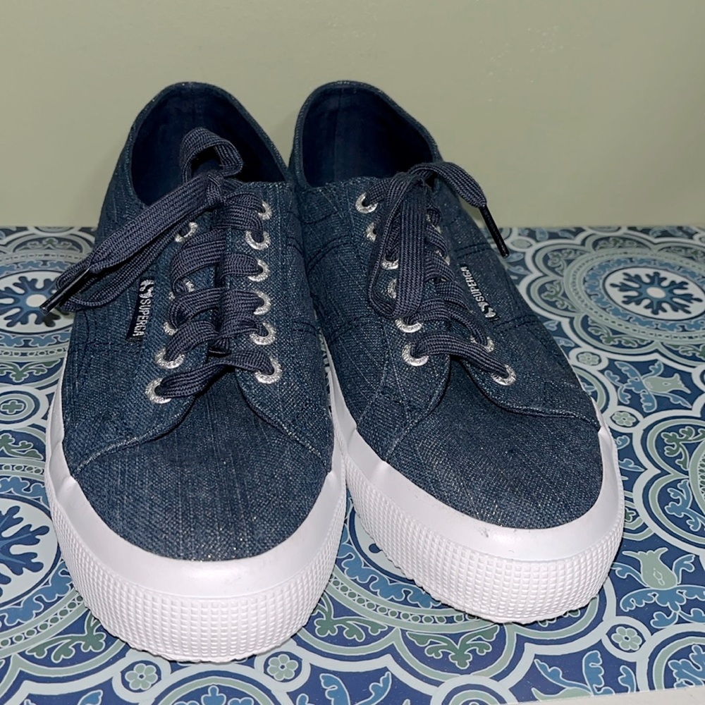 Superga Cotu Classic Women's 7.5, Blue Denim Canvas Shoe, White Soles